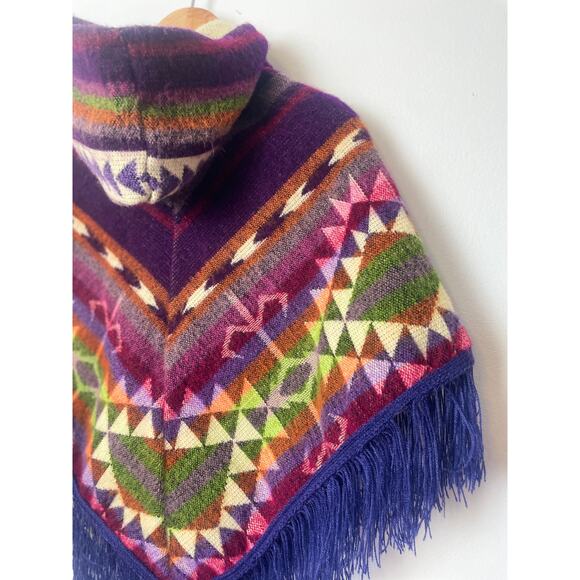 Handmade Toddler Alpaca Wool Poncho with Fringe Hooded Colorful Boho Toddler - Picture 3 of 11